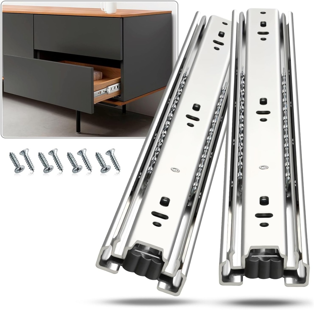 Drawer Slides Ball Bearing 3 Folds Full Extension Side Mount Cabinet Runners Glides Rails Track 100 Lbs Load 10 12 14 16 18 20 22 24 Inch Silver (1 Pair (Silver), 20 inch)