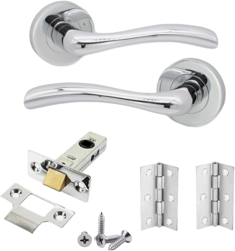 1 Set Internal Solid Brass Lever on Rose 'ZUNE' Door Handles Pack Latch & Hinge