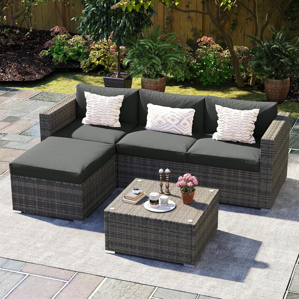 Wisteria Lane 5 Piece Outdoor Patio Furniture Set, All Weather Wicker Rattan Sectional Sofa Conversation Set with Cushions & Large Glass Coffee Table, Ideal for Garden Backyard Porch Balcony, Grey