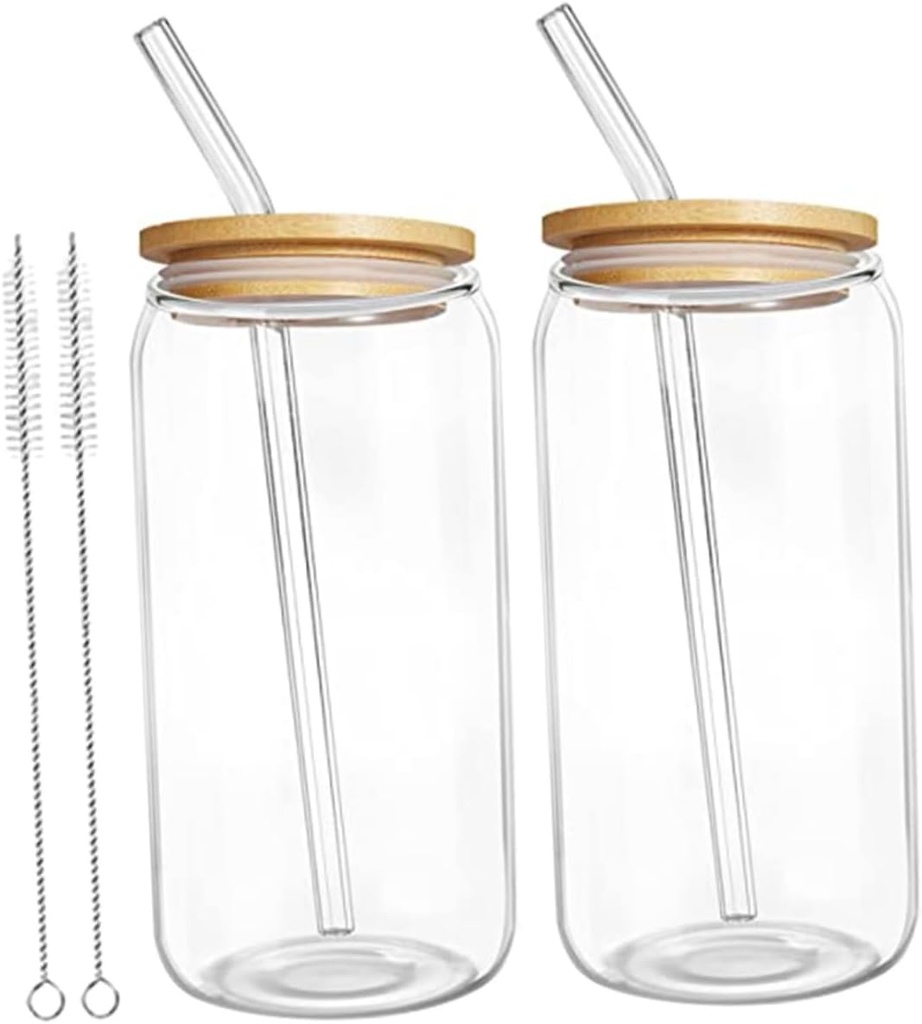 Cabilock 2Sets Transparent Glass Juice Cups of Portable Iced Tea Milk and Coffee Mugs with Lids Straws for Cold Drinks Easy to Clean and Reusable
