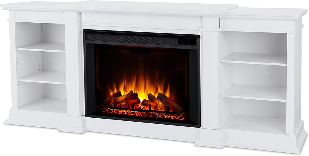 Real Flame Eliot 81" Grand Electric Fireplace TV Stand in White for TVs up to 80 inches, Entertainment Center with Adjustable Shelves and Storage, TV Stand for Living Room and Bedroom, Remote Control