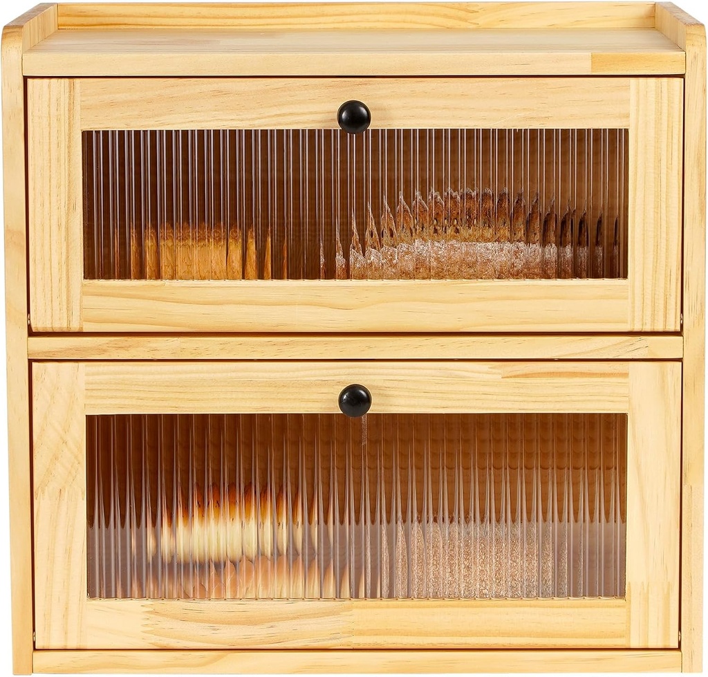 Sunhoo Double Layer Bread Box (L14.4in*W9.4in*H13.4in/Yellow) and Single Wooden Bread Storage(L14.37in*W9.25in*H8.66in/Grey) Rustic Bread Keeper Farmhouse Food Organizer Pantry Shelf Acrylic Window