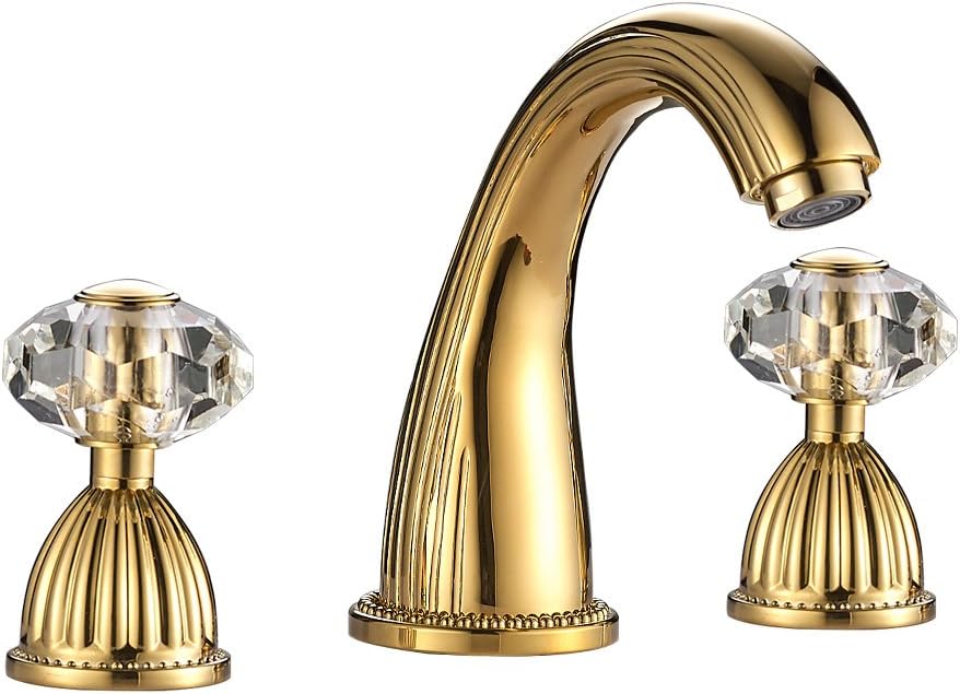 Bathroom Sink Faucet 3 Hole Deck Mounted Widespread Brass Bathroom Faucet Crystal Handle Mixer Tap,Gold(Ti-PVD)