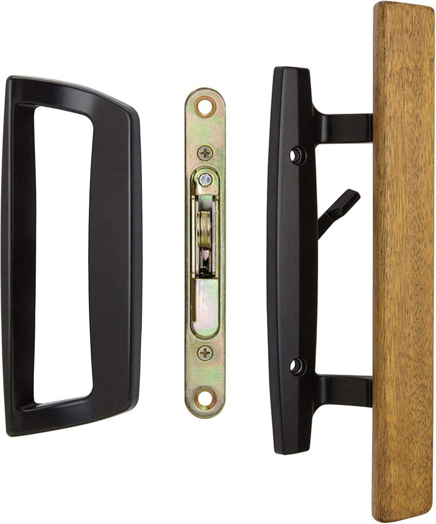 Bali NAI Sliding Glass Door Handle and Mortise Lock Set with Oak Wood Pull in Black Finish, Standard 3-15/16” CTC Screw Holes, 1-3/4" Door Thickness