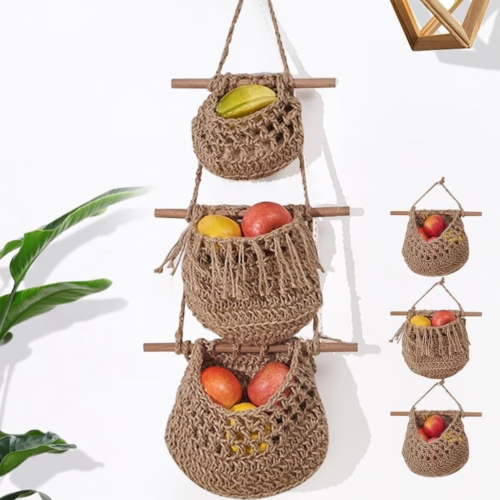 3 Tier Fruit Basket Hanging,Fruit Basket Wall,Kitchen Storage,Handmade Basket Hanging Kitchen Boho Hanging Baskets,for Kitchen,Living Room,Bathroom,Bedroom (Brown)