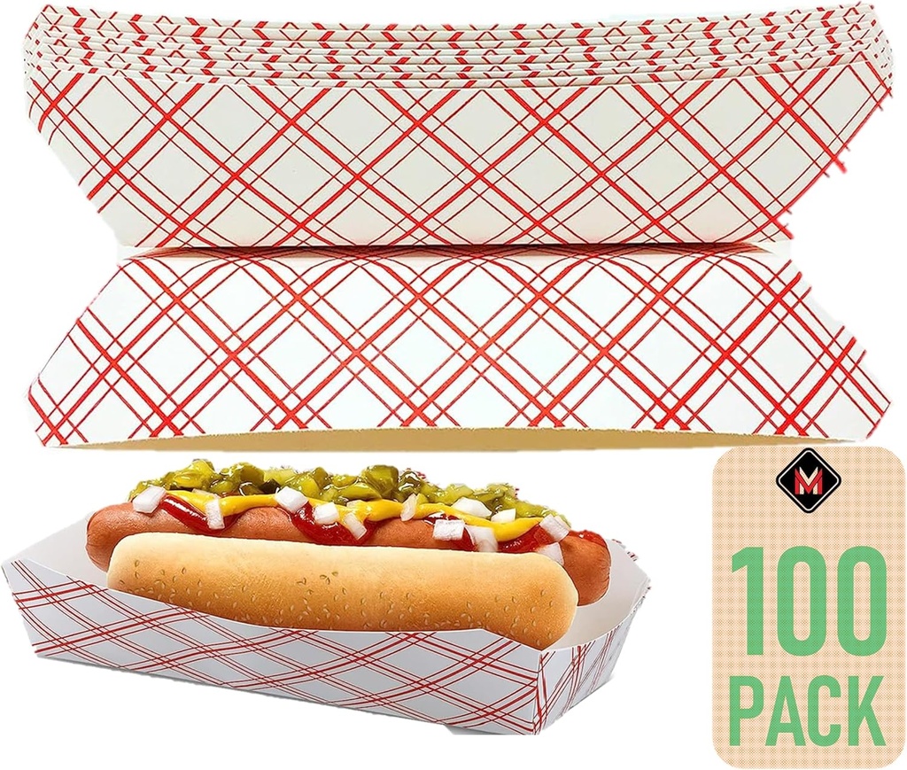 Mr Miracle 7 Inch Paper Hot Dog Tray in Red White Pattern. Pack of 100. Disposable, Recyclable and Fully Biodegradable. Made in USA