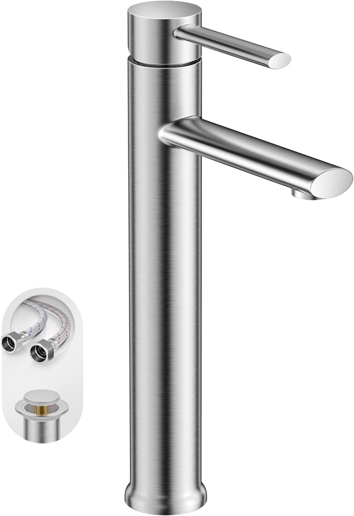 Phiestina Single Hole Tall Brushed Nickel Vessel Bathroom Sink Faucet, One Hole Single Handle Above Counter Sink Bathroom Faucet, with Pop Up Drain and Water Supply Line,NS-SF03-V-BN
