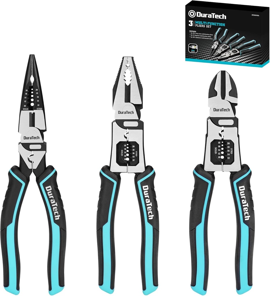 DURATECH 3PCS Pliers Set, Large 6 in 1 Multifunctional Wire Stripper Crimper Cutter, 8.5" Long Nose Pliers, 8.5" Linesman Pliers, 8" Diagonal Side Cutting