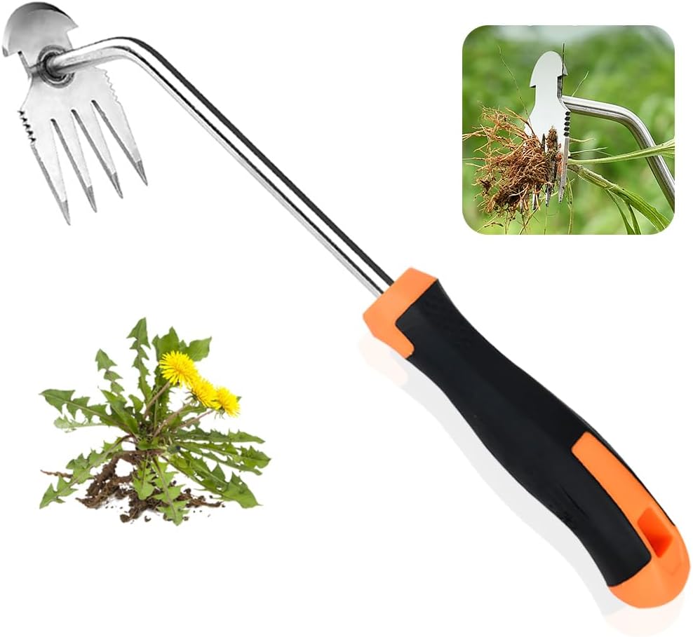 Weed Puller Tool，2025 New Garden Weeder Tool Stainless Steel Hand Weeder Tool,4 Teethes Dual Purpose Weed Remover Tool Weeding Tools for Gardening (Rubber Handle)