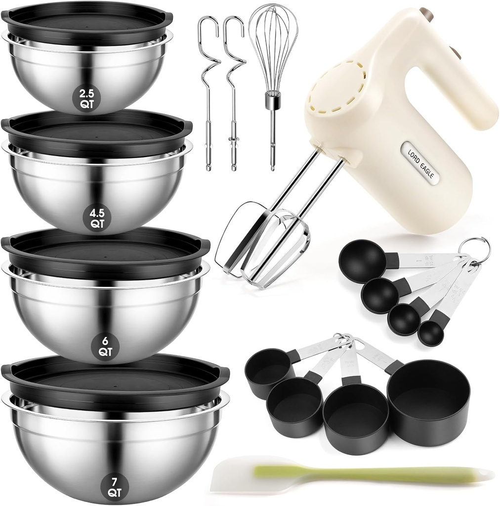 Lord Eagle 5-Speed Hand Mixer Electric Heldhand With Bowls Set, 300W Compact Mixer for Baking, Stainless Steel Mxing Bowl Measuring Cups Spoons