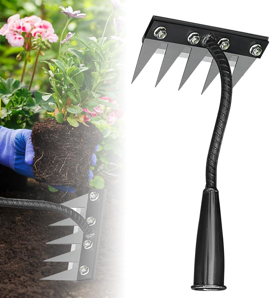 2025 New 5/6/7/8 Teeth Carbon Steel Garden Weeder Rakes, Iron Weeding Rake 2.0, Iron Rake for Yard Lawn and Garden, Heavy-Duty Garden Hand Weeder Puller Tool for Gardening and Weedings (5 Teeth)