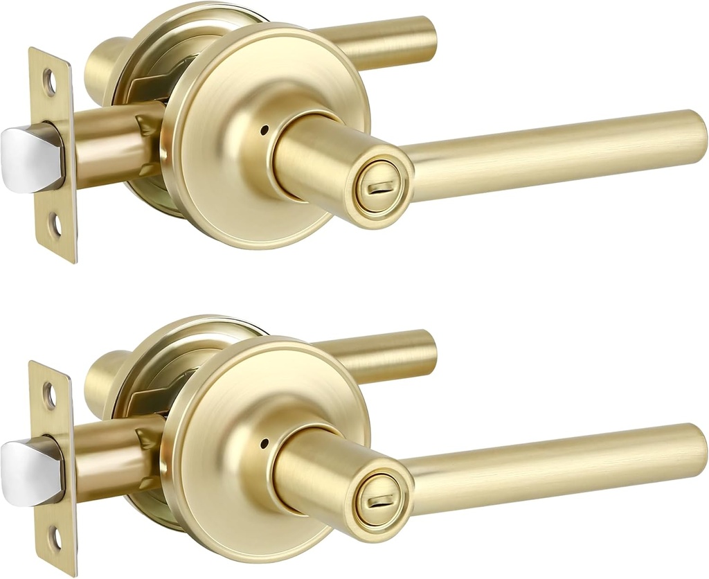 2 Pack Satin Brass Door Knobs, Gold Bathroom Door Handle Privacy Door Lever for Bedroom, Privacy Lever Bed/Bath Door Lockset