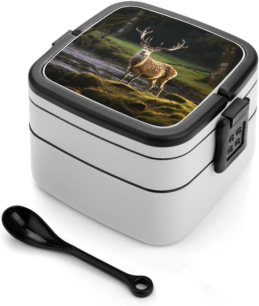 Deer Nature Bento Box with Compartments Double Layer Bento Lunch Box with Spoon And Handle All-in-One Adult Lunchbox Leakproof Lunch Container for Work Picnic Travel
