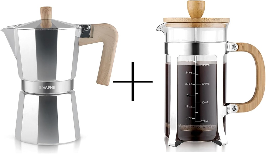 Sivaphe Aluminum Moka Pot Stovetop Espresso and Coffee Maker and French Press Coffee/Tea Maker with Bamboo Lid and Hand