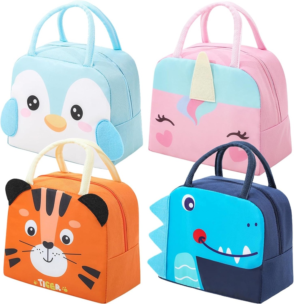 4PCS Insulated Lunch Bags 4PCS Bento Bags Cute Lunch Tote Bag Small Cooler Bags Waterproof Cartoon Lunch Box Bag for Work Picnic (Animal Series 2)