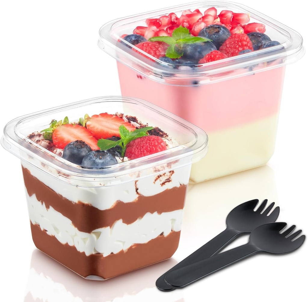 Kucoele 100 Pack 12 oz Square Plastic Dessert Cups with Lids and Sporks, Clear Cake Cups Parfait Cups To Go Food Containers for Pudding Fruit Mousse Yogurt and Shortcake