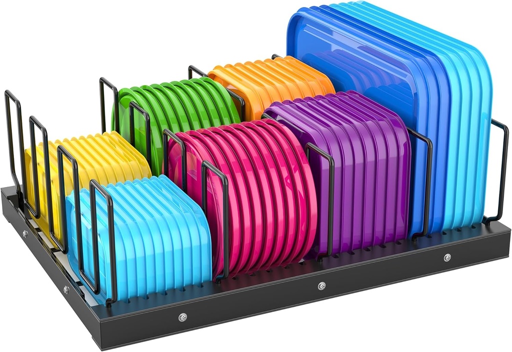 Metal Container Lid Organizer Rack,Adjustable 5 Dividers Storage Container Lid Holder Rack for Cabinets Cupboard Pantry Shelves Drawer,Dish Organizer for Kitchen,Dishes and Plates Holder