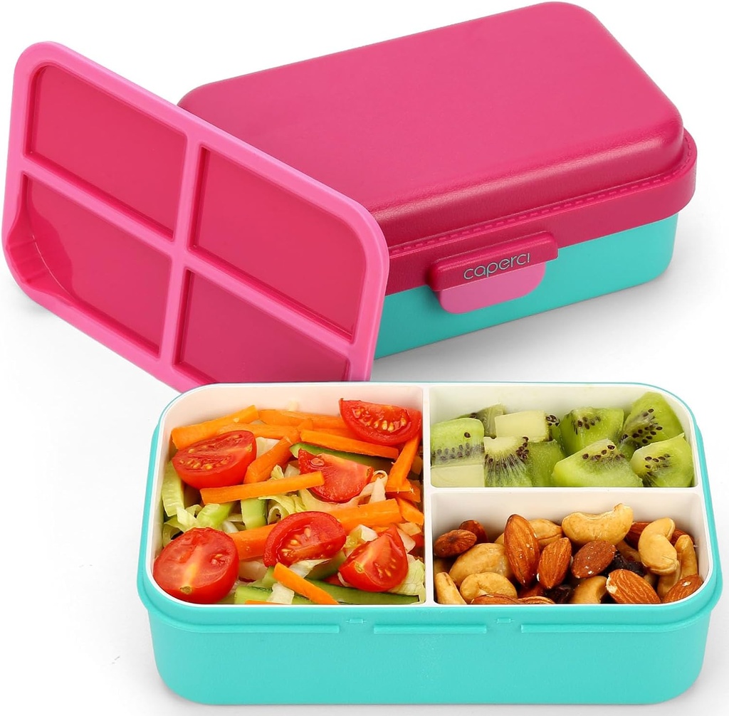 Caperci Small Bento Snack Box for Kids - 2.5 Cup Leak-Proof Snack Containers with 3-Compartment & Innovative Easy-Open Latch, Utensils Store Area, BPA-Free, Ideal for Ages 3+ (Fuchsia/Teal)