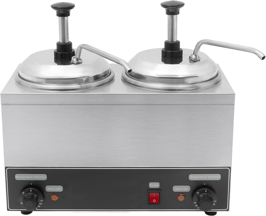 Commercial Electric Cheese Warmer Dispenser 2x2L Stainless Steel Countertop Double Heads Cheese Dispenser with Pump Chili Hot Fudge Caramel Butter Sauce Warmer