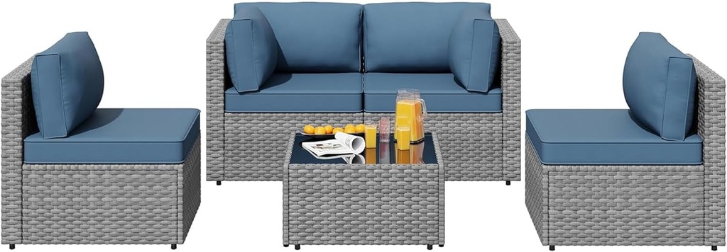 SUNLEI 5pcs Patio Furniture Sets Conversation Set, Low Back All-Weather Rattan Sectional Sofa with Tea Table&Washable Couch Cushions, Outdoor Furniture Set (Silver Rattan)