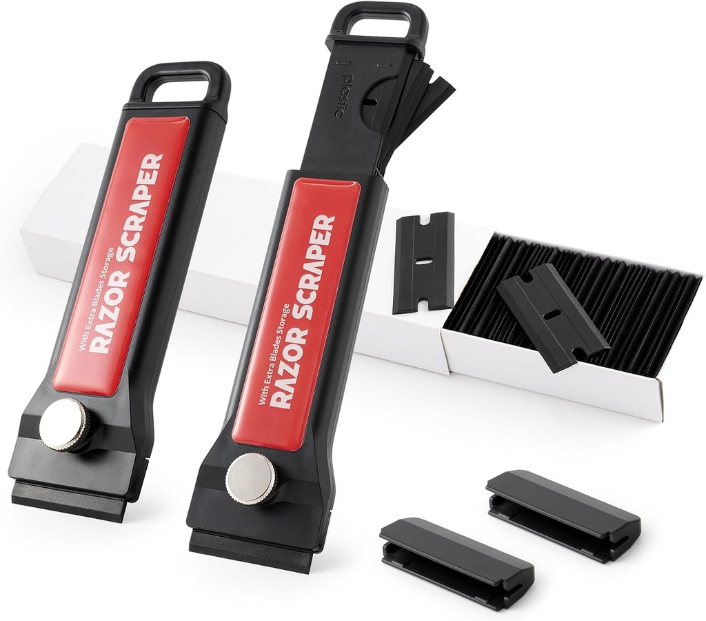 Gomake Plastic Razor Blade Scraper Tool with Blade Container 2PCS Razor Scraper with Extra 100PCS Plastic Blades for Adhesive Labels and Decals Sticker Removal on Car Window Glass Floor (W80)