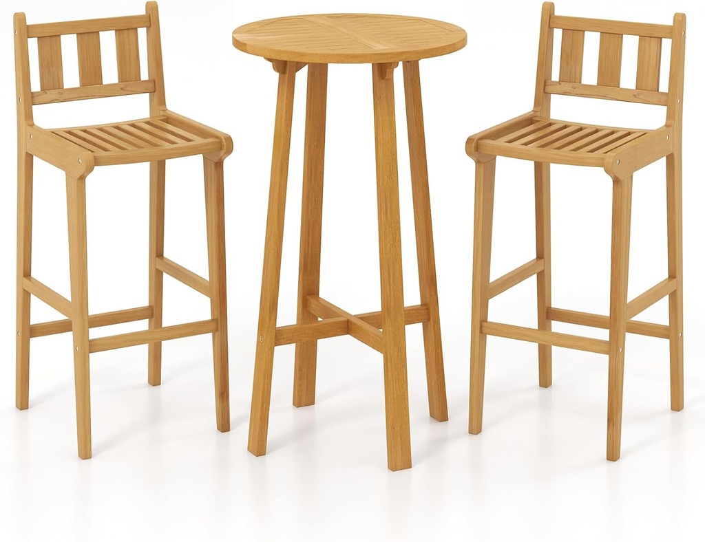 Tangkula 3 Piece Patio Bar Set, Teak Wood Bistro Furniture with Footrest, Round Cocktail Table with 2 Armless Bar Height Stools, Indoor Outdoor Bar Chair Set for Poolside, Garden & Deck, Natural