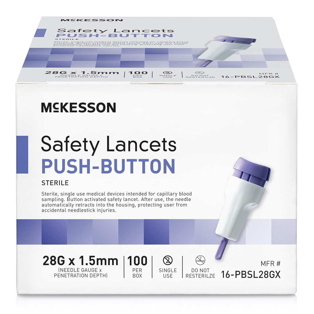 McKesson 16-PBSL28G Safety Lancet Fixed Depth 28 Gauge Needle, Push Button, 1.5mm Depth, Pack of 100