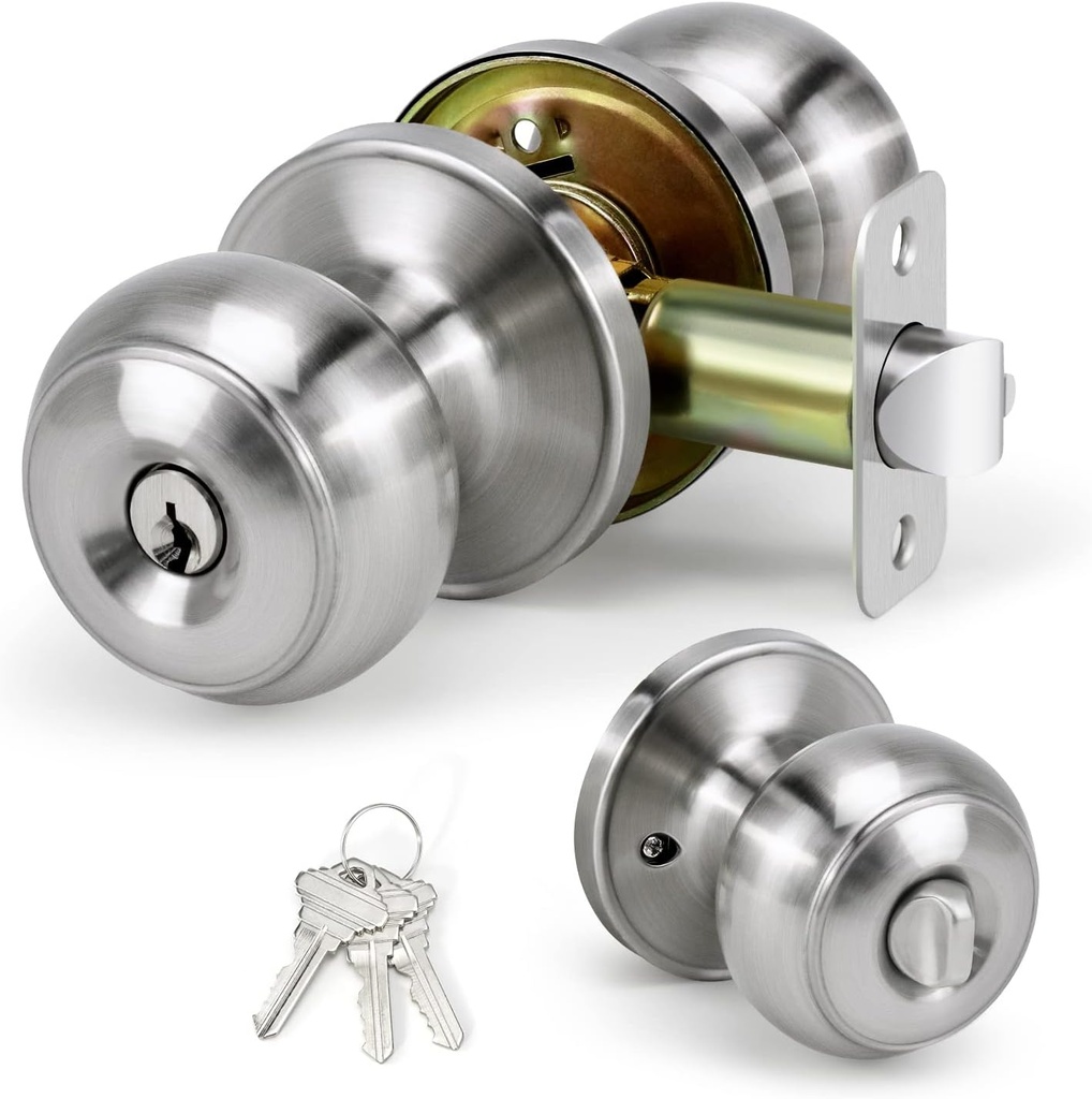 Keyed Entry Door Knob for Entrance, Front Doorknob with Lock and Key for Exterior & Interior Right and Left Side Bedroom, Living Room, Satin Nickel,1 Pack