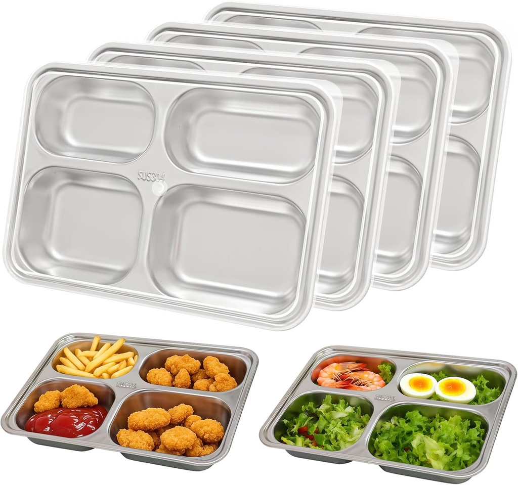 Gute 4-Pack Stainless Steel Snack Containers with Lids | 4-Compartment Meal Prep Containers for Adults | Reusable for Work, On-The-Go & Outings