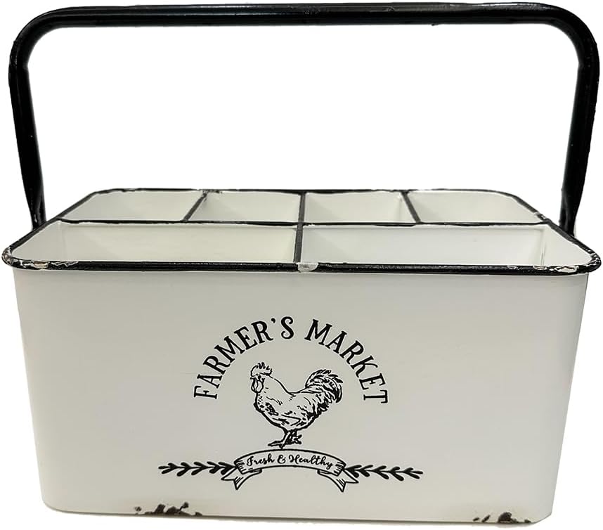 Distressed White Rustic Metal Silverware Caddy Utensil Holder with 6 Compartments & Napkin Slot – Portable for Parties, Picnics, Countertop & Kitchen