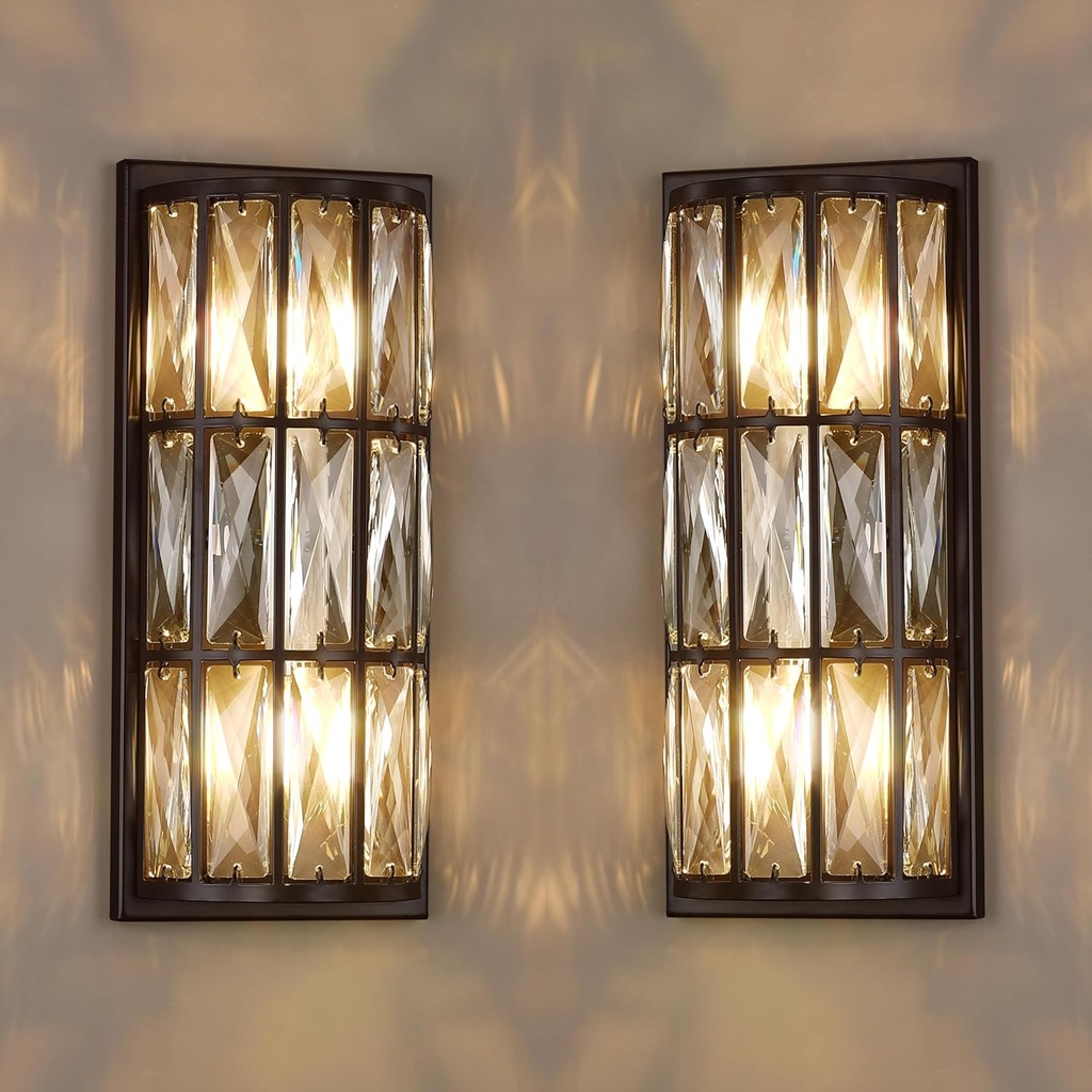 2 Pack 2 Light 13.85" Modern Concise Polyhedral Crystal Shade Wall Sconce Light Fixtures,Oil Rubbed Bronze Finish for Bathroom,Bedroom Living Room Bedside E12 Base