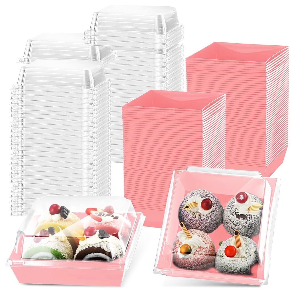 100 Pack Charcuterie Boxes with Clear Lids Valentine Gift 5 Inch Cookie Boxes Disposable Cake Case Paper Square Cookie Containers Dessert for Sandwich Slice Cake Hot Cocoa Bombs Strawberries(Pink)