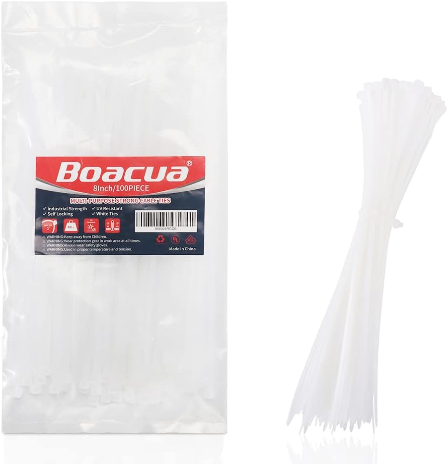 8 Inch Zip Cable Ties (100 Pieces), Self-Locking Premium Nylon Cable Wire Ties,Heavy Duty White, for Indoor and Outdoor by Boacua