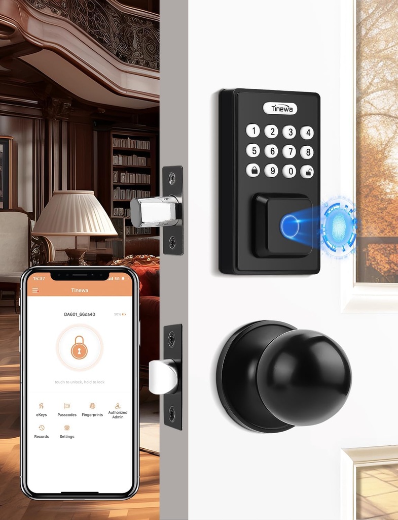Keyless Entry Door Lock with Door Knobs, Fingerprint Entry Door Handleset, Electronic Digital Keypad Deadbolt with App, Auto Lock & One Touch Locking, Front Smart Door Handle Sets, Black