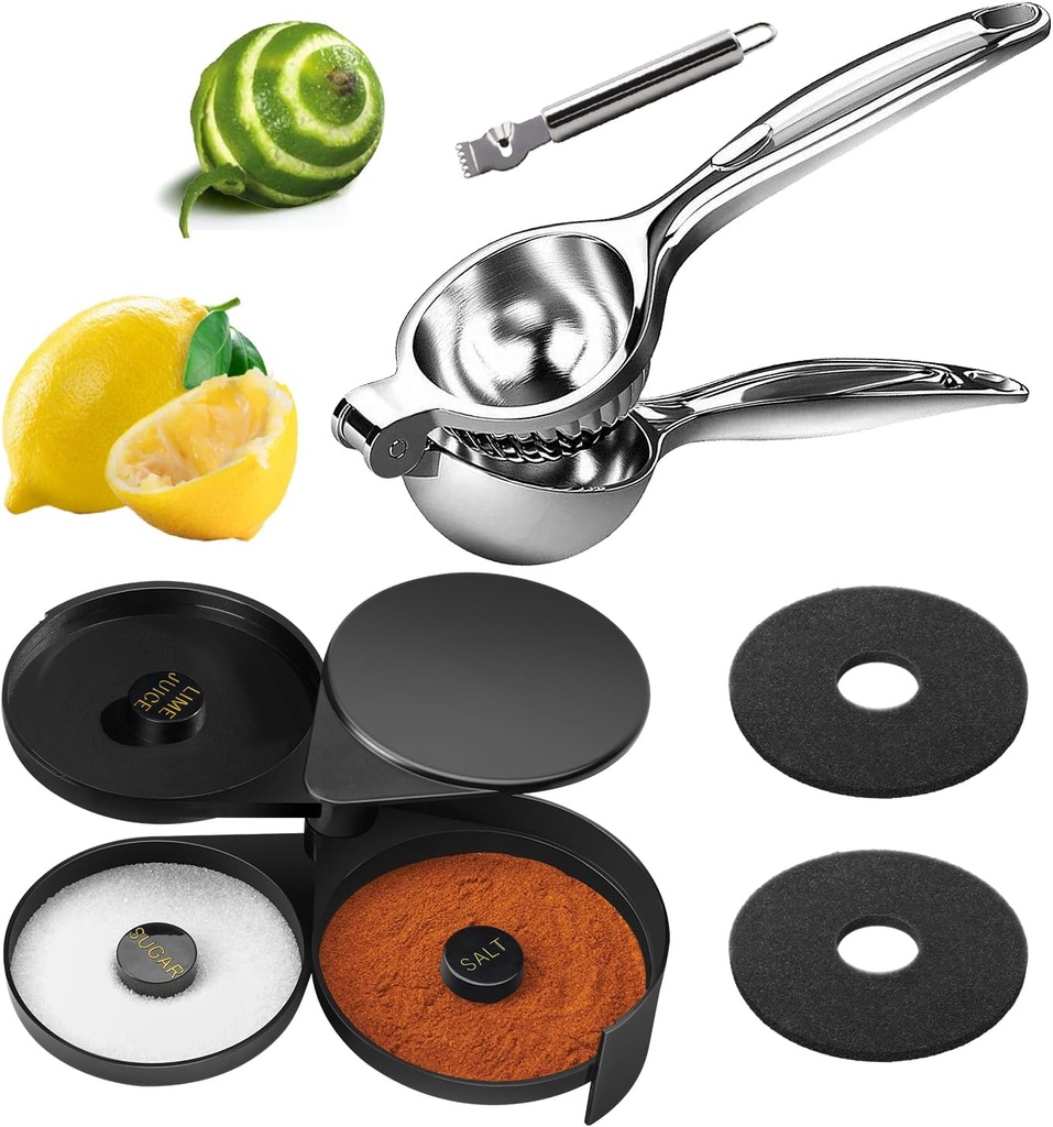 Lemon Squeezer with Zester + Margarita Salt Rimmer with 2 Sponges, Metal Handheld Lemon Juicer, Bar Salt and Sugar Rimmer for Drinks