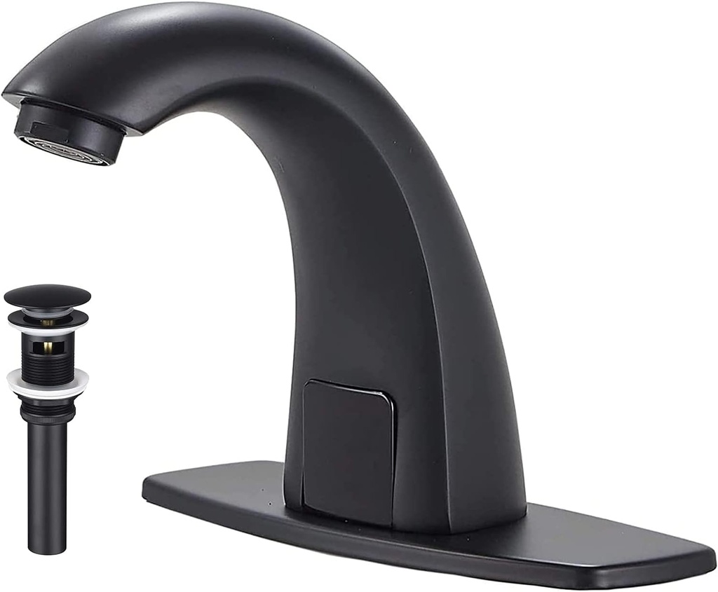Black Touchless Bathroom Sink Faucet with Drain Stopper Overflow Electronic Sensor Automatic Basin Faucet with Hole Cover Plate Temperature Mixer AC/DC Powered Motion Activated Hands-Free Deck Mount