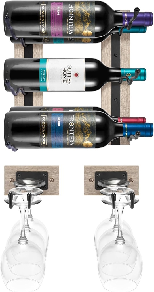 Sorbus Wall Mounted Wine Rack + Stemware Rack Set - Wire & Wood Wine Rack Wall Mounted for Bottles, Liquor, Champagne, Wine Glasses, Champagne Glasses for Home Bar
