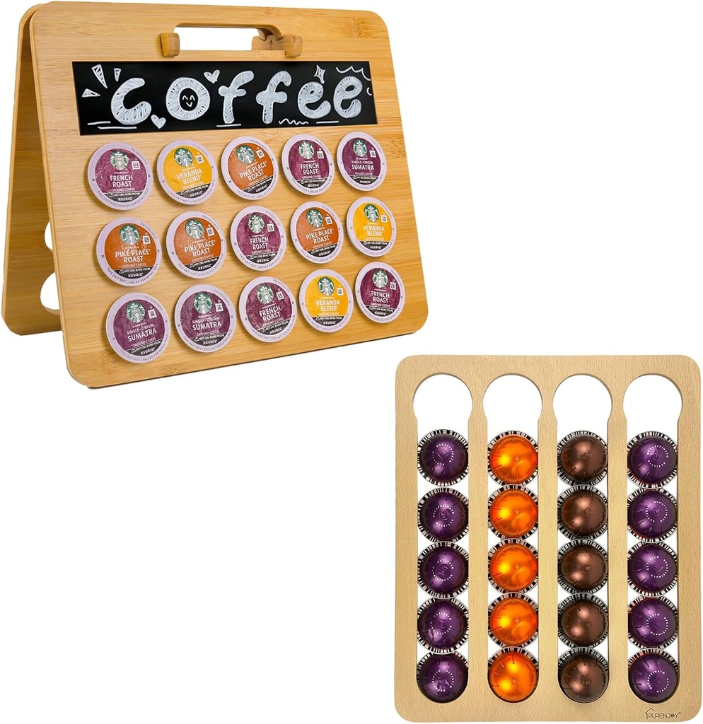 Coffee Pod Holder, K Cup Holder for Countertop, Bamboo Coffee Pod Stands for Counter and Adhesive Coffee Pod Holder for Nespresso Vertuo Line, Coffee Pod Storage, Holds 20 Pods