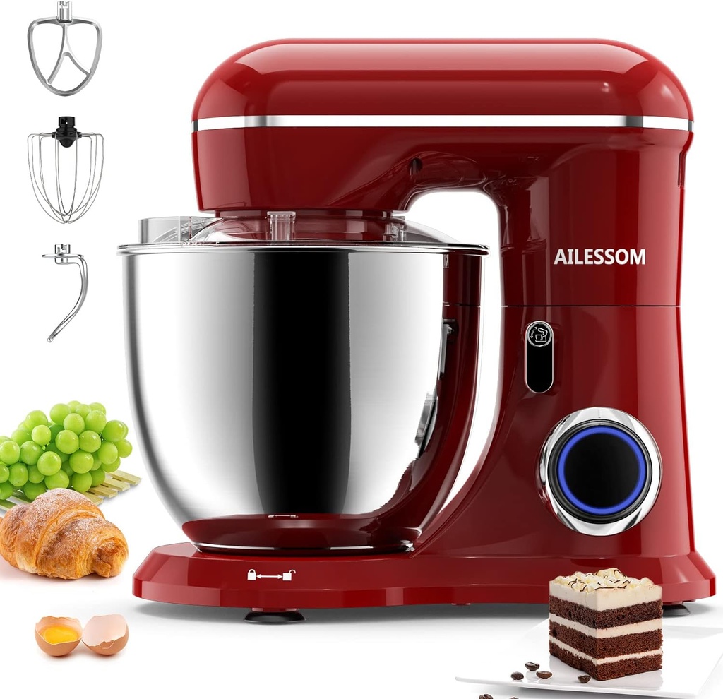 Ailessom Stand Mixer,6.5-QT 660W 10-Speed Tilt-Head Food Mixer, Kitchen Electric Mixer with Bowl, Dough Hook, Beater, Whisk for Most Home Cooks, (6.5QT, Empire Red）, 1533P