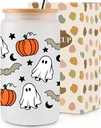 Pumpkin Ghost 16Oz Iced Coffee Glass Cups with Lids and Straws - Cute Halloween Gifts for Women, Kids, Teens, Adults - Spooky Gifts for Girls, Boys - Fall Smoothie Cup