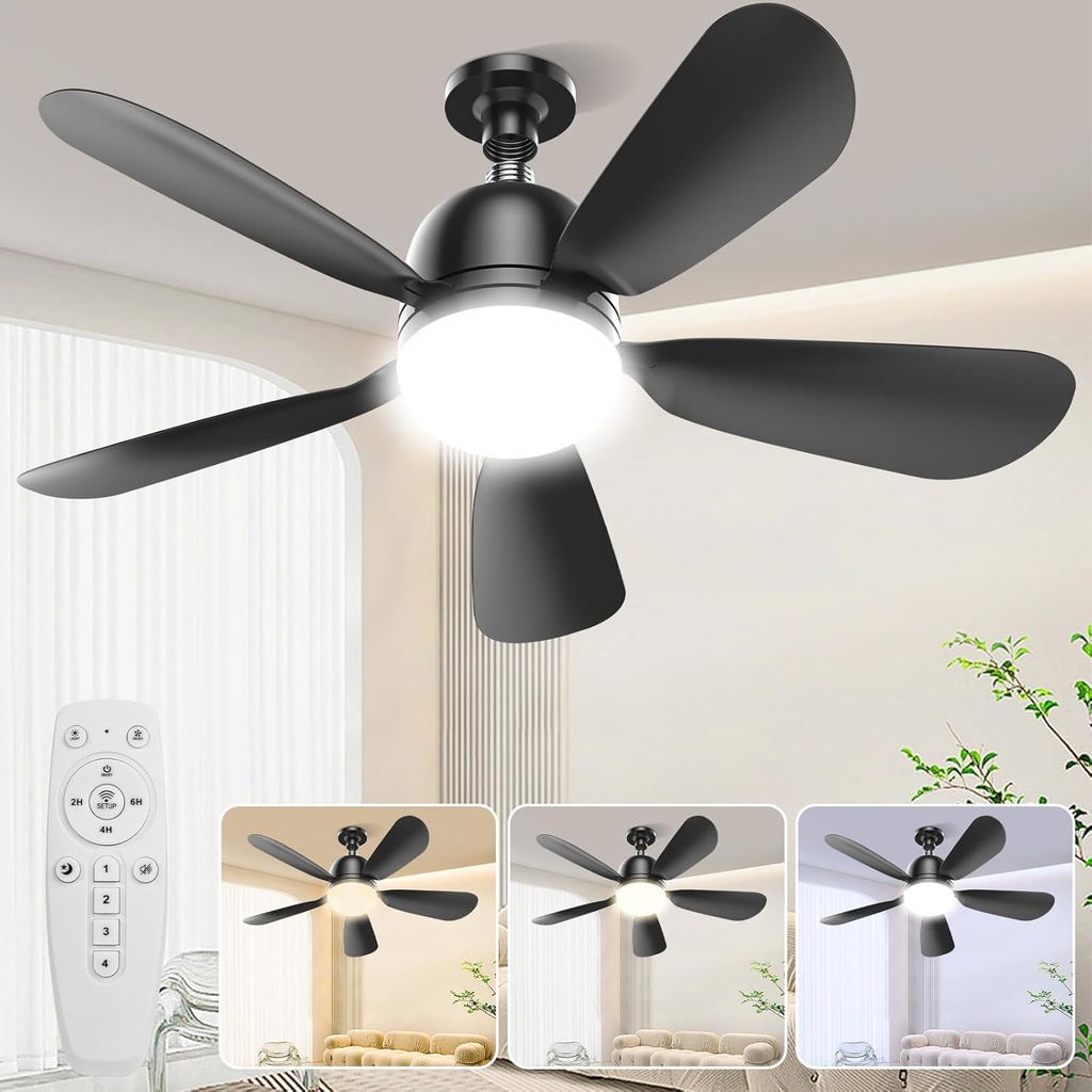 LC-dolida 23.8'' Socket Fan Lights with Remote Control, 3-Color Dimmable LED, 4 Speeds, E26/E27 Bulb Compatible, 2000 Lumens, Ceiling Fans with Lights for Bedroom, Dining Room, Home, Black