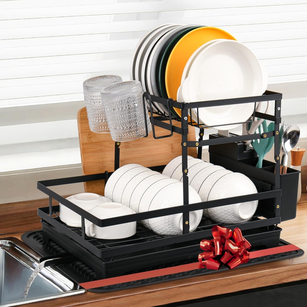 2 Tier Large Sink Dish Drying Rack Over The Kitchen Counter with Drainboard&Silicone Dish Drying Mat,Kitchen Large 2 Tier Stainless Steel Drying Rack with Dishes Drainer(Full Version)