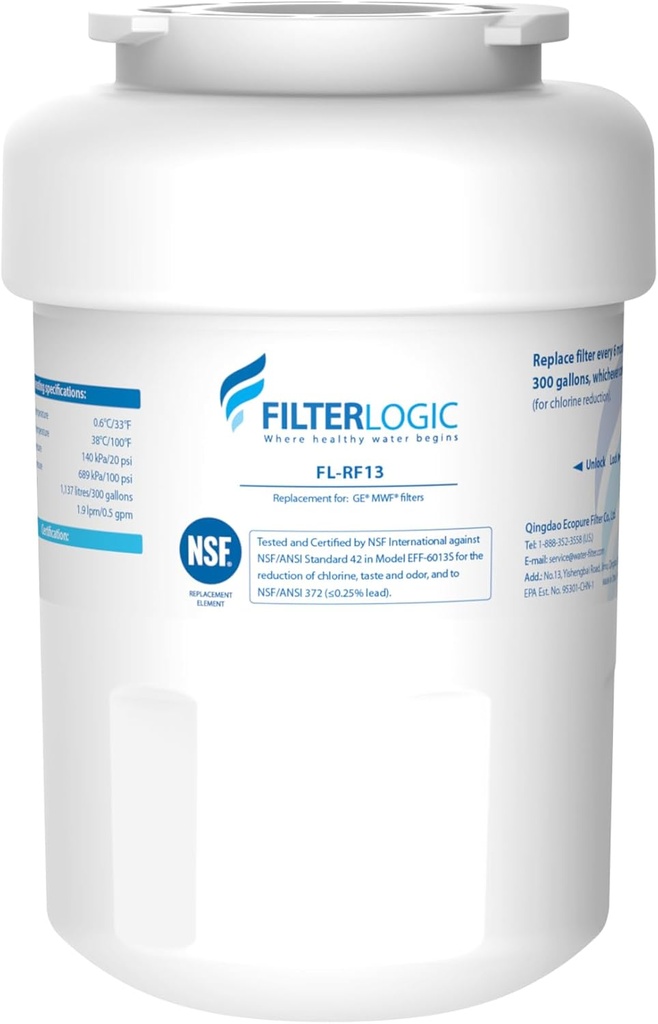 Filterlogic FL-RF13 Replacement for GE® MWF®, SmartWater® MWFP, MWFINT, MWFA, GWF, HDX FMG-1, GSE25GSHECSS, WFC1201, RWF1060, Kenmore® 9991 Refrigerator Water filter