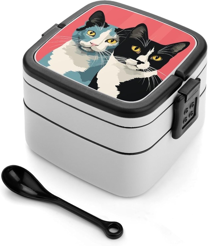 Stackable Double-Layer Bento Box Black and White Cat Adults Lunchbox with Spoon Cute Japanese Bento Box Dishwasher Safe for Work Travel Dining Outc