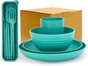 4pcs Unbreakable Wheat Straw Dinnerware Sets with Cutlery Set, Reusable Lightweight Green Microwave Dishwasher Safe Tableware for Travel，Camping，Kitchen,RV,Apartment,Dorm,Party