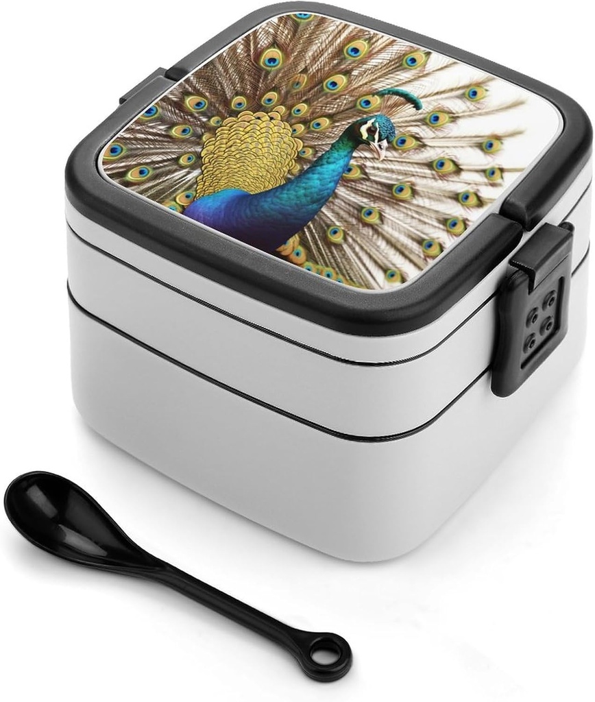 Golden Peacock Bento Box Adult Lunch Box All-in-One Lunch Containers with Removable Compartments Double Layer Bento Lunch Box with Spoon And Handle Stackable Lunchbox