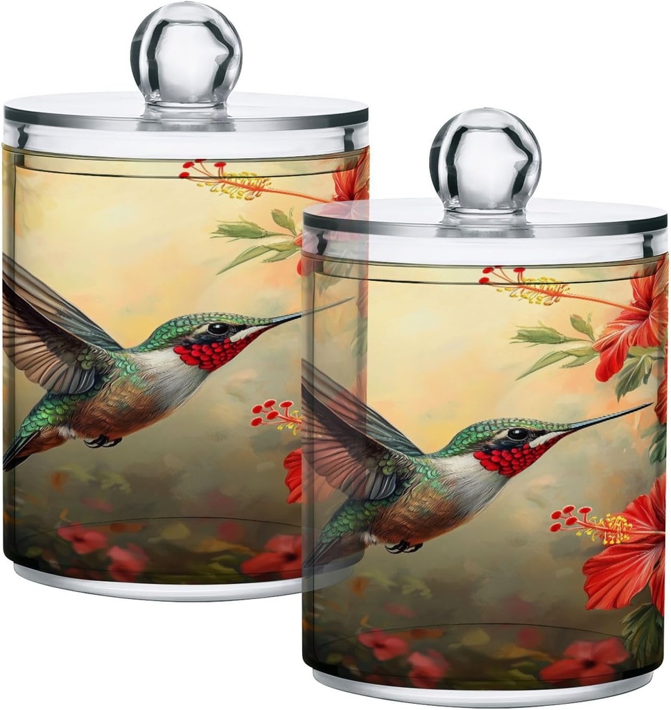 Acrylic Plastic Clear Jar with Lid, Hummingbird Red Flowers Airtight Storage Jar 2 Pack Kitchen Storage Containers for Cookie Snack Candy