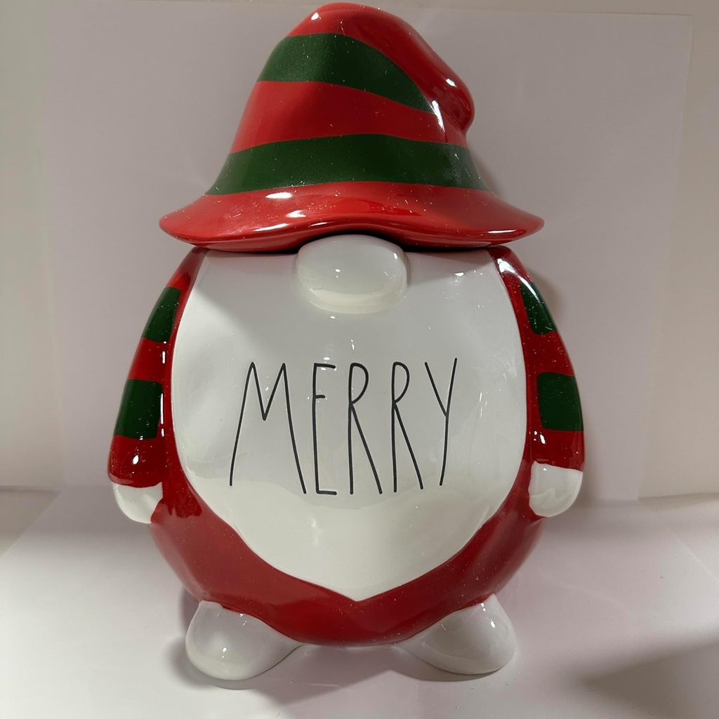 Rae – MERRY Ceramic Canister, Gnome Santa Jar with Striped Hat Lid – Holiday Cookie Storage, Whimsical Christmas Decor CHRISTMAS – Dunn By Magenta