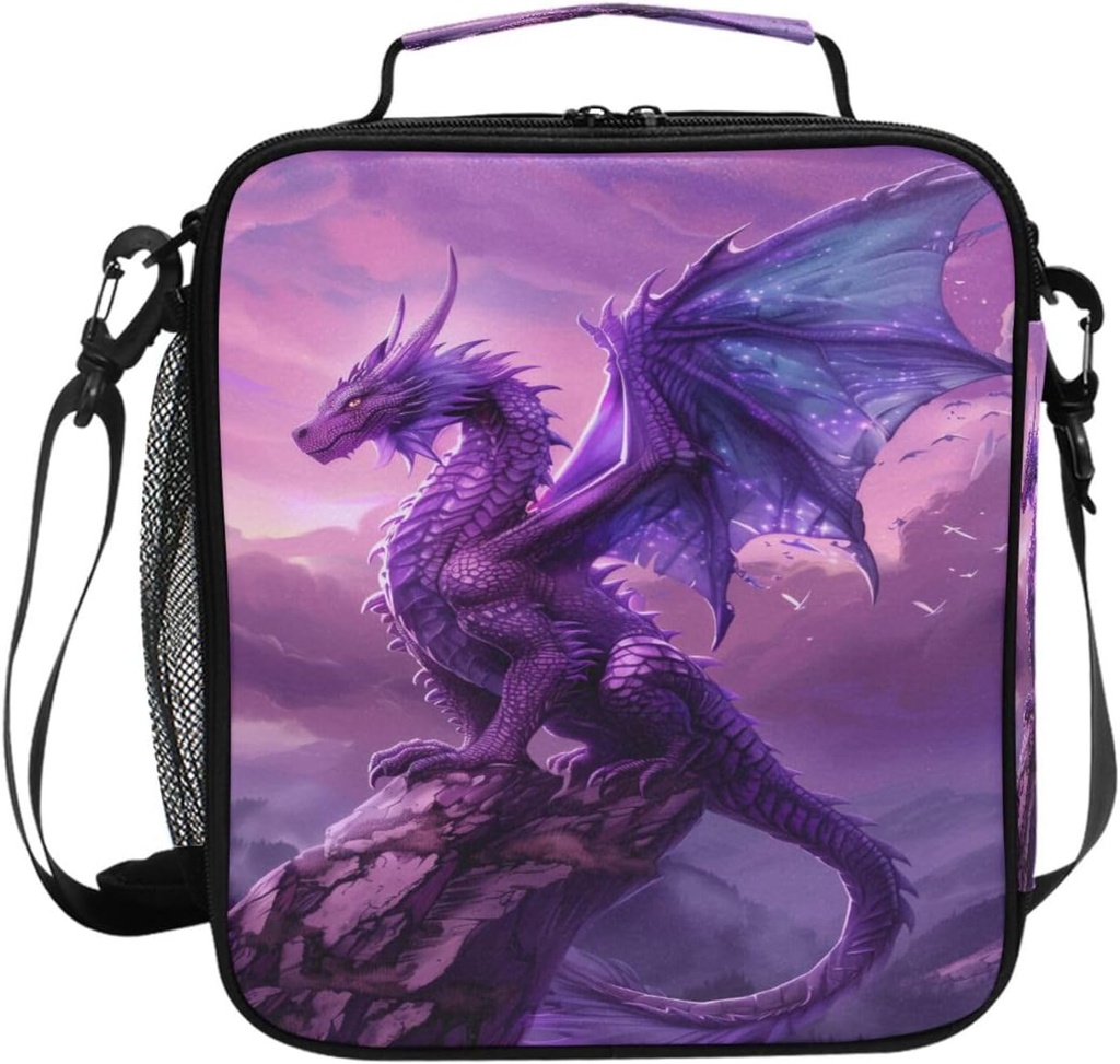 Kids Lunch Box Purple Dragon Insulated Lunch Bags Boys Girls with Adjustable Strap Cooler Meal Box School Office