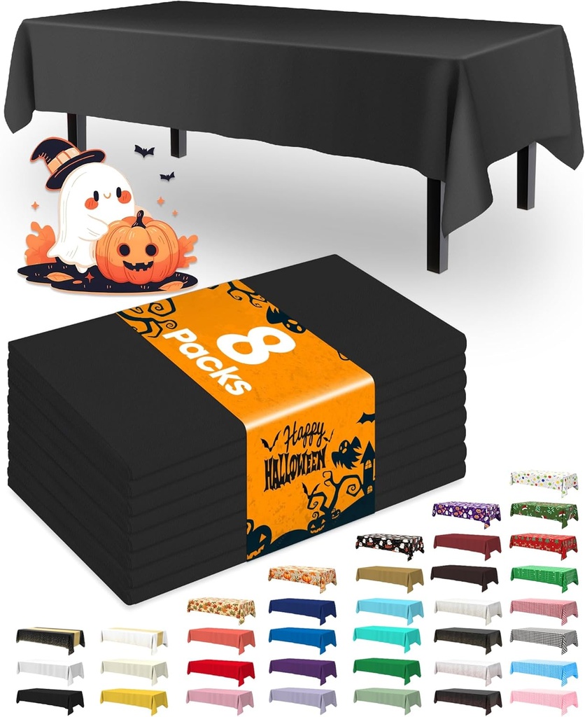 Pureegg Plastic Table Cloth Disposable 8 Pack, 54 x 108 Inch Table Cloths, Graduation Decorations Class of 2025, Graduation Party Tablecloths, Rectangle, Plastic Cover, Leakproof & Sturdy, Black
